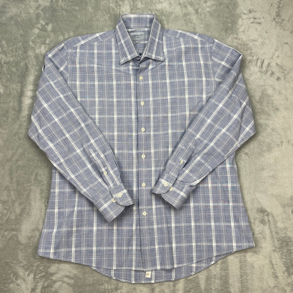 Ledbury Dress Shirt Mens 17.5 Blue Plaid Tailored Fit Long Sleeve‎ Button Up